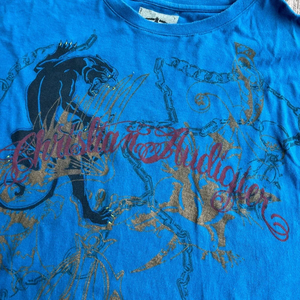 Christian Audigier Mens Blue Panther‎ Tattoo Graphic T Shirt 3XL